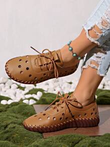 Women's Spring/Summer New Leather Flat Brown Casual Shoes, Hollow Design Round Toe Lace-Up Sandals, Breathable Comfortable Non-Slip