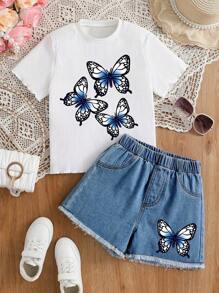 Tween Girl Casual  Butterfly T-Shirt + Short Light Blue Denim Shorts