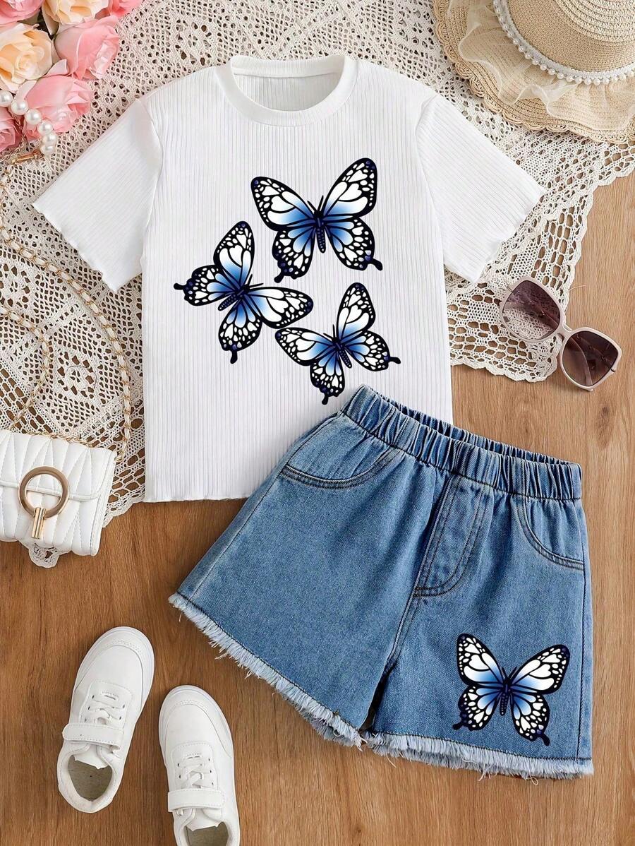 Tween Girl Casual  Butterfly T-Shirt + Short Light Blue Denim Shorts
