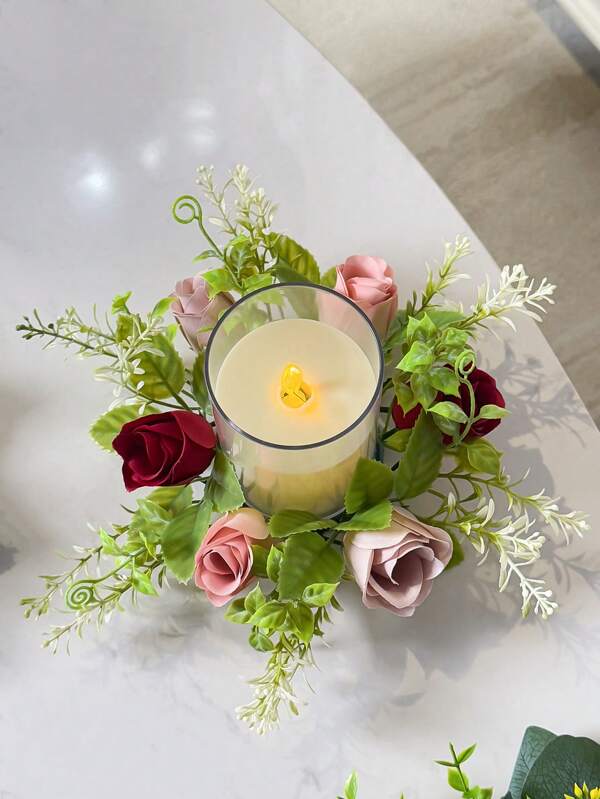 1PC 28inch (H) Simulation Rose Wreath Home Living Room Wedding Birthday Mother's Day Father's Day Party Table Top Candle Ring Decoration