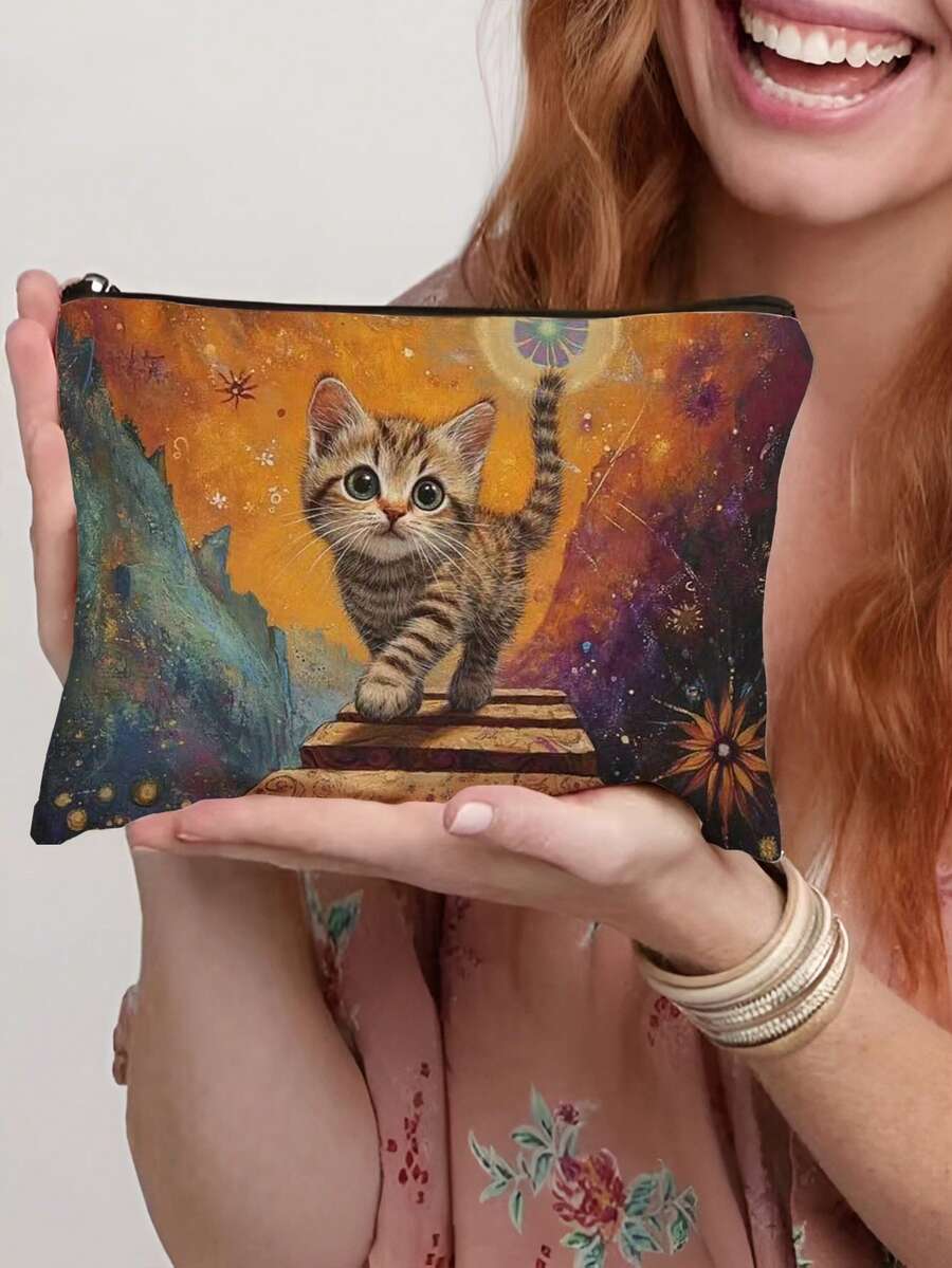 1pc Cute Cat Pattern Cosmetic Bag, Portable Travel Organizer Pouch, Women Handbag, Summer Bag, Ramadan Bag, Makeup Bag, Wallet, Graduation Backpack