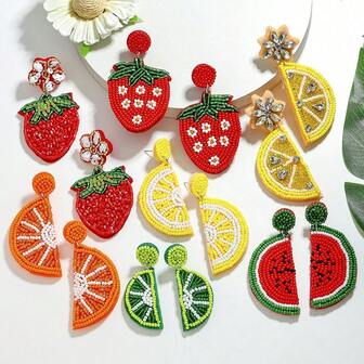 2 件波西米亚可爱风格种子串珠草莓柠檬西瓜手工米珠水果设计耳坠，时尚手工串珠女式吊坠耳环，适合女性日常春夏季度假派对佩戴
