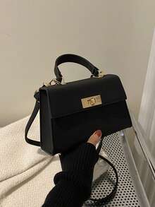 Fashionable Solid Color PU Embossed Flap Metal Closure Handbag - Black - View 5
