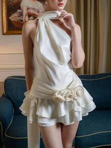 Women's Elegant White Backless Bodycon Mini Dress, Solid Color, Graceful For Summer - White - View 4