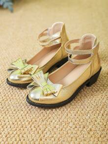 Children High Heel Shoes, Little Girls Gold Flower Shoes - Gold - View 6