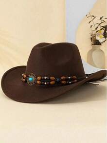 1pc Western Cowboy Hat For Women. It Has A Detachable Sapphire Wood Beaded Hat, A High Top Hat, A Lightweight Stylish Hat For All Seasons, Suitable For Outdoor Activities, Parties And Daily Wear.