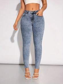 Vaqueros Azules Lavados de Ajuste Ceñido y Elásticos, Estilo Elegante con Cierre de Cremallera y Botón, Pantalones de Mezclilla para Mujer - Gris Claro - Ver 2