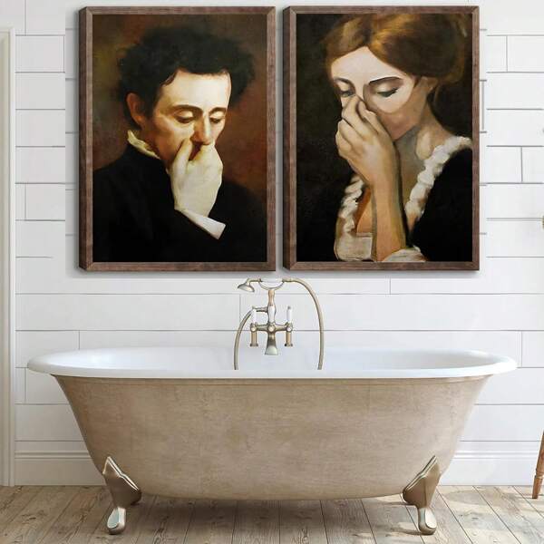 2 Stücke witzige Badezimmer Wandkunst im Vintage Mitte des Jahrhunderts Stil Drucke Wanddekoration Schwarz und Weiß Humor Klassische Toilette Übel riechende Bilder Poster Amüsante Dame Herr Malerei Leinwand Geschenk ungerahmt