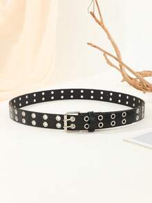 1 Pc Punk Style Metal Grommet Adjustable Waist Belt, Casual Wear Fall, Autumn, Halloween Autumn-Winter Accessories,Suitable For Teens, Youth,Men,Casual, Outdoor, Athletic, Vacation, Graduation Gifts, Birthday, Daily Wear - Black - View 9