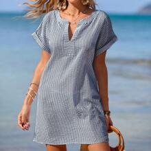 Women's Summer Striped Loose Casual Beach Vacation Coverup - Black - View 6