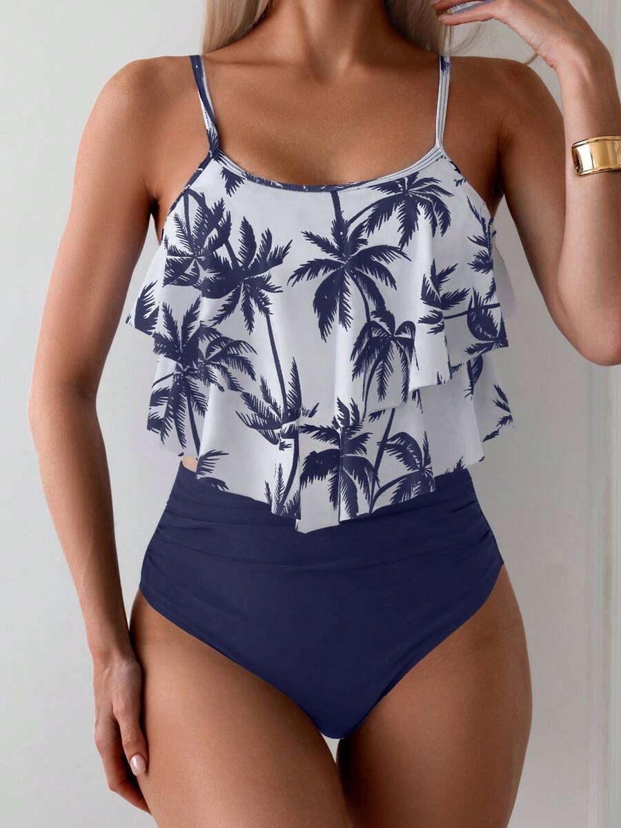 女士时尚棕榈树印花性感分体泳衣套装 - 藏蓝色 - 查看 1