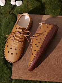 Women's Spring/Summer New Leather Flat Brown Casual Shoes, Hollow Design Round Toe Lace-Up Sandals, Breathable Comfortable Non-Slip