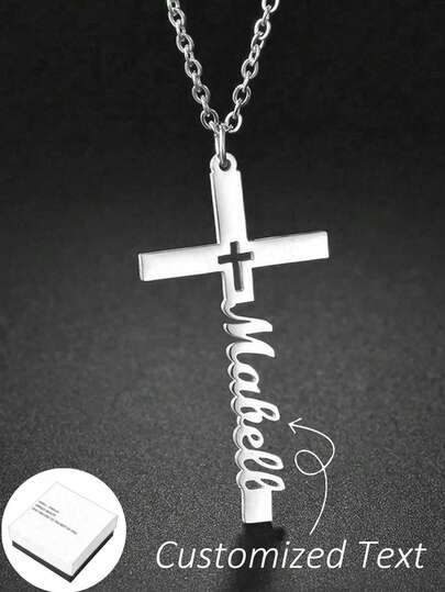 1 pieza Collar con nombre personalizado, collar con colgante de cruz de acero inoxidable, accesorio de regalo de cumpleaños personalizado, estilo minimalista diario, viene con caja de regalo, adecuado para el Día de San Valentín, cumpleaños, Día de la Madre, uso casual, disponible en plata, oro, oro rosa