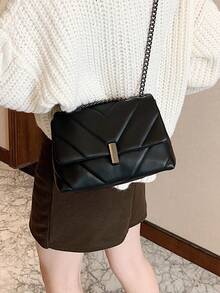 Fashionable Versatile Diamond Lattice Chain Strap Crossbody Shoulder Bag - Black - View 4