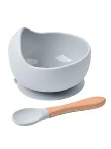 1 Set Of Baby Feeding Bowl And Spoon Set, Silicone Baby Bowl Suction With Wooden Spoon Silicone Suction Base Anti-Slip Baby First Feeding Set, Suitable For, Girls And Boys