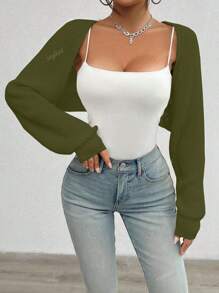 1 Peça Casaco Curto Feminino de Tricô Canelado de Cor Sólida, Estilo Minimalista, Suéter Casual de Verão