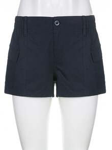 Women Cargo Shorts Elastic Low Waist Pocket Y2k Egirls Slim Fitted Shorts Vintage Harajuku Streetwear - 黑色 - 查看 5