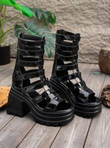 Retro Punk Color Block Patchwork PU Leather Roman Sandals, Party & Summer Wear