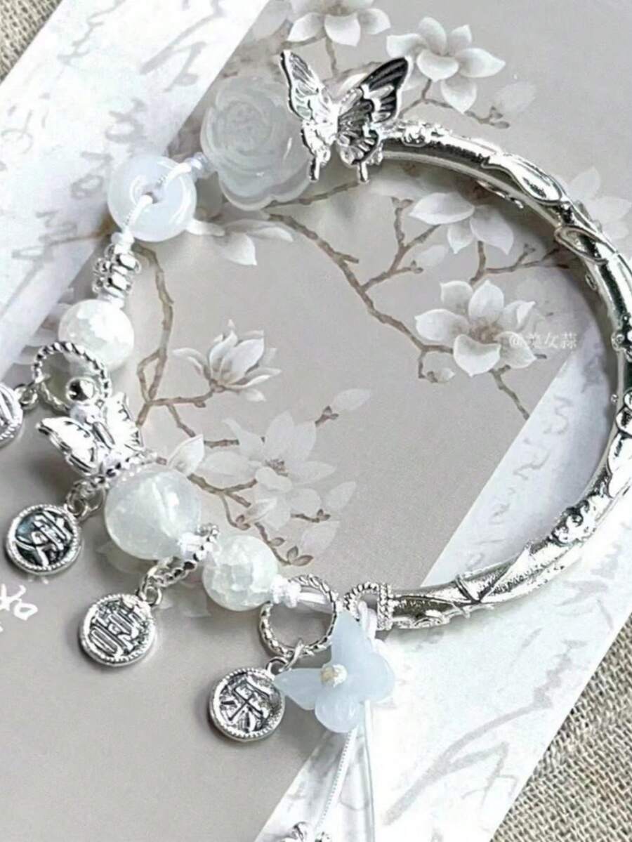 1 pieza Nuevo brazalete elegante de estilo chino con flores rosas, cuentas y leyenda "Paz y Felicidad", joyería chic para mujer - Blanco - Ver 1