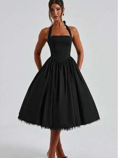 Women Solid Color Tutu Dress Elegant Tie-Up Halter Neck Sleeveless Open Back Cross A-Line Midi Tank Dresses Elegant Race Day Dress Cocktail Party Wedding Guest Dresses