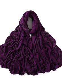 1 Stück Damen Jersey-Schal mit schwer bestickter Bordüre in Unifarbe, eleganter Strass-besetzter Schal mit Malay-Strass, langer Jersey-Hijab-Schal, afrikanisches Kopftuch, geeignet als Reise-, Urlaubs- und Party-Accessoire für Damen