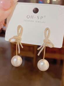 1 Pair Bowknot Faux Pearl Earrings, New 2025 French Design Personalized Stud Earrings, Suitable For Banquet, Ball
