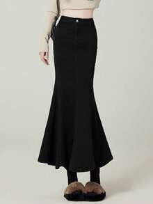 女式纯色高腰中长款 A 字牛仔裙，带荷叶边和侧开衩，休闲版型，春夏 - 黑色 - 查看 4
