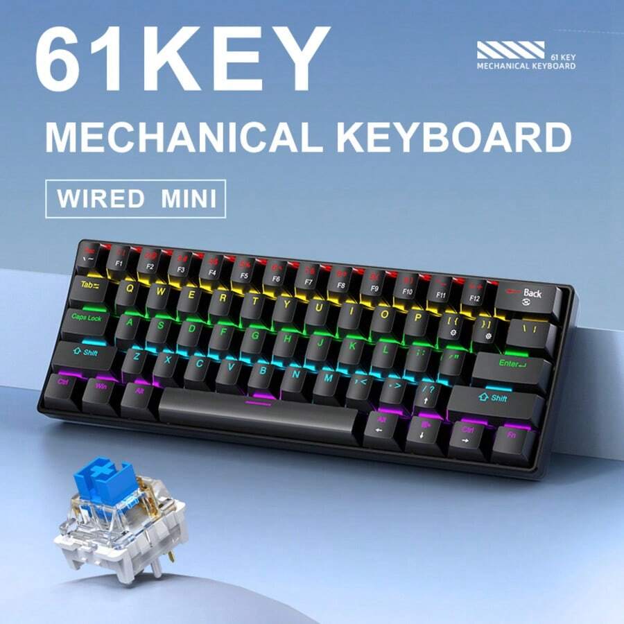APAYADO Teclado Mecânico Miniatura com Fio K61 de 60% para Jogos, Interruptor Azul, Adequado para Mini PC e Periféricos de Laptop