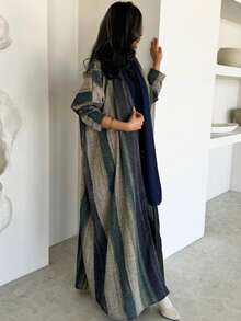 1pc Women's Printed Color Stripe Long Abaya, Fashion Casual Open Cardigan With Contrast Color Splicing, Artistic Long Robe Jacket In Soft Linen Fabric, Suitable For Daily Wear - Gray Brown - View 1