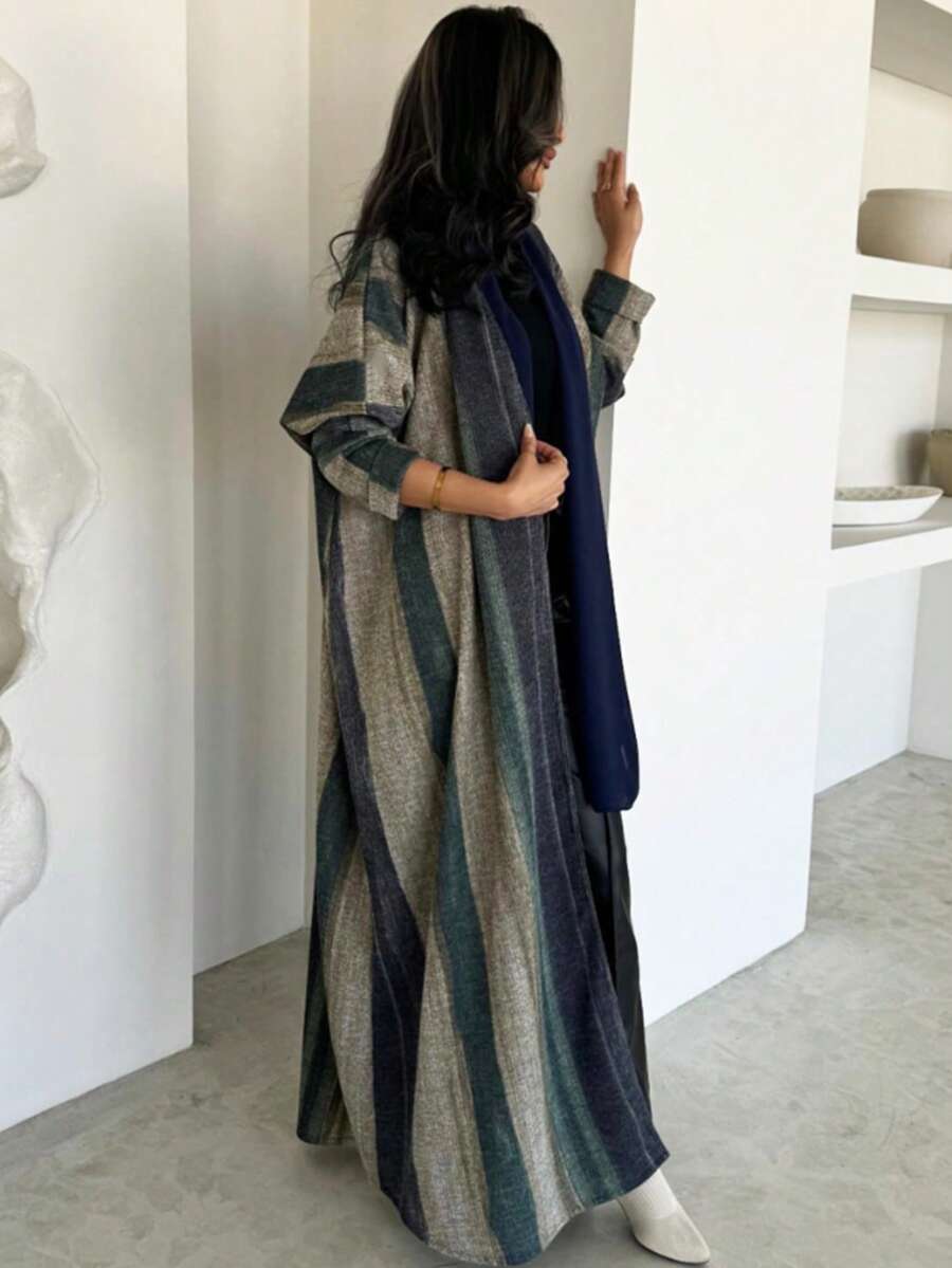 1pc Women's Printed Color Stripe Long Abaya, Fashion Casual Open Cardigan With Contrast Color Splicing, Artistic Long Robe Jacket In Soft Linen Fabric, Suitable For Daily Wear - Gray Brown - View 1