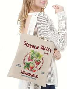 1pc Cartoon Strawberry Pattern Handbag, Durable Canvas Storage Bag, Double-Sided Graphic Shopping Tote, Gift For Friends - Multicolor - View 6