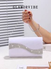 1pc Women's Fashionable & Elegant Velvet Diamond Decorated Evening Clutch Bag, Sparkling Rhinestone Embellished Flap Handbag, Detachable Metal Chain Shoulder Strap, Suitable For Party, Wedding, Prom, Nightclub, Birthday Gift, Formal Dress Accessory, Valentine's Day, Holiday Gift