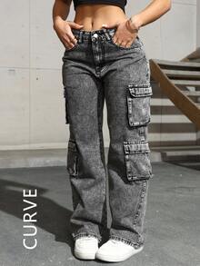 Quần jeans cargo nữ cỡ lớn với túi nắp bên hông, phong cách tối giản, thoải mái, thích hợp mặc hàng ngày, mùa xuân. - Xám - Xem 1