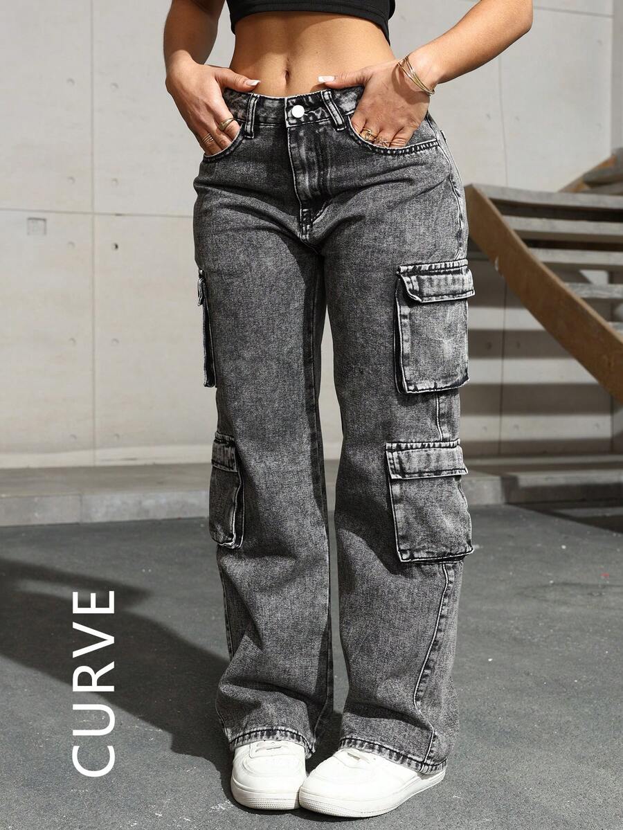 Quần jeans cargo nữ cỡ lớn với túi nắp bên hông, phong cách tối giản, thoải mái, thích hợp mặc hàng ngày, mùa xuân. - Xám - Xem 1