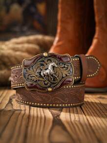 1 pieza Cinturón de estilo vaquero occidental bohemio unisex con hebilla con diseño de animal, marrón oscuro vintage, informal para todas las estaciones