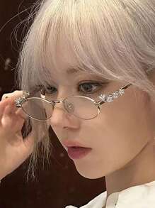 1pc Rhinestone Decor Oval Glasses, Vintage Elegant Eyewear For Women, Daily Accessories With Transparent/Tinted Lenses & Alloy Frame For Summer Beach Vacation,Outdoor,Travel Preppy Style For Back To School