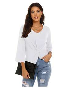 Camiseta de manga larga para mujer | Ropa informal para uso diario, cómoda y transpirable, adecuada para el verano. - Blanco - Ver 2