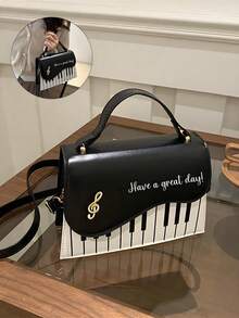 (Customized) 1pc Women Handbag With Customized Text Or Blessing Message, Shoulder & Crossbody Bag With Piano Pattern, Suitable As Gift For Family And Friends - Multicolor - View 2