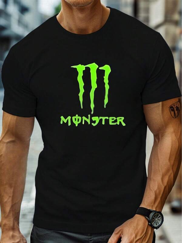 T-shirt nera da uomo con logo Green Monster. T-shirt con stampa alla moda, 220 g/m², casual da uomo, scollo tondo, in puro cotone, maniche corte (1 pezzo)