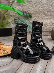 Retro Punk Color Block Patchwork PU Leather Roman Sandals, Party & Summer Wear