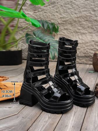 复古朋克拼色 PU 皮革罗马凉鞋，派对和夏季服装