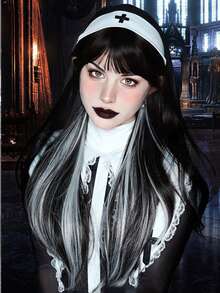 Synthetic Long Straight With Bangs Black & White Ombre Wig, Suitable For Women For Daily Use, Cosplay, Halloween, Christmas - 挑染白色 - 查看 1