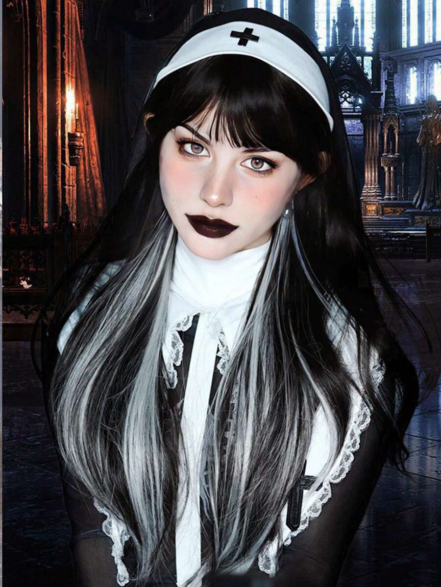 Synthetic Long Straight With Bangs Black & White Ombre Wig, Suitable For Women For Daily Use, Cosplay, Halloween, Christmas - 挑染白色 - 查看 1