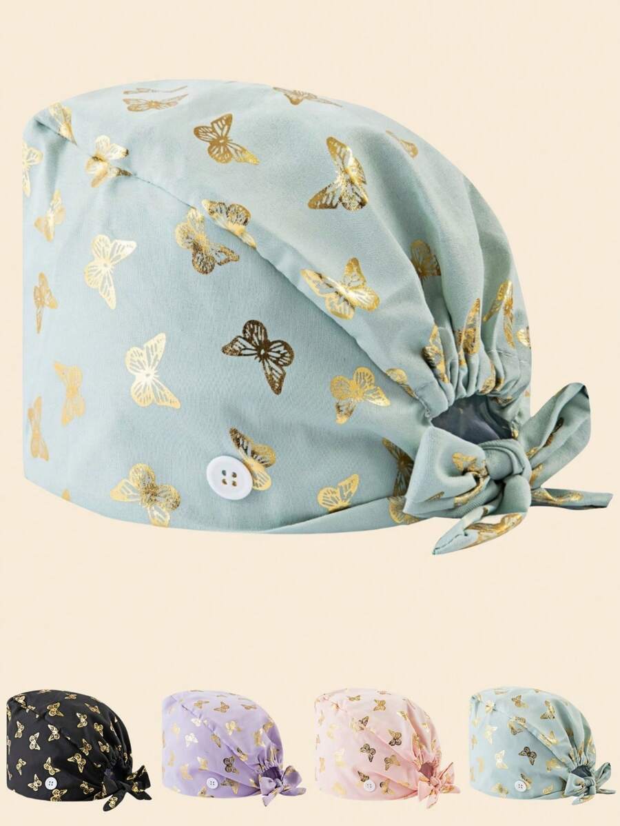 1pc Premium Polyester Material Butterfly Print Thermal Transfer Gold Design Scrub Cap, Anti-Bacterial And Dust-Proof, Elastic Back, Side Mask Hanging Buckle, Suitable For Doctors, Nurses, And All Hospital, Beauty Salon, And Veterinary Clinic Workers