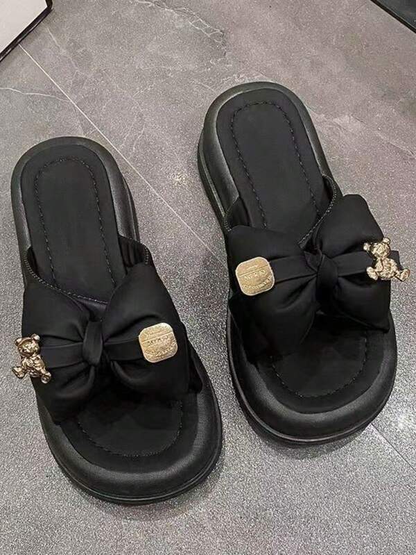 2025 New French Summer Open Toe Flat Slides, Fashionable Bow Decor Women Slippers