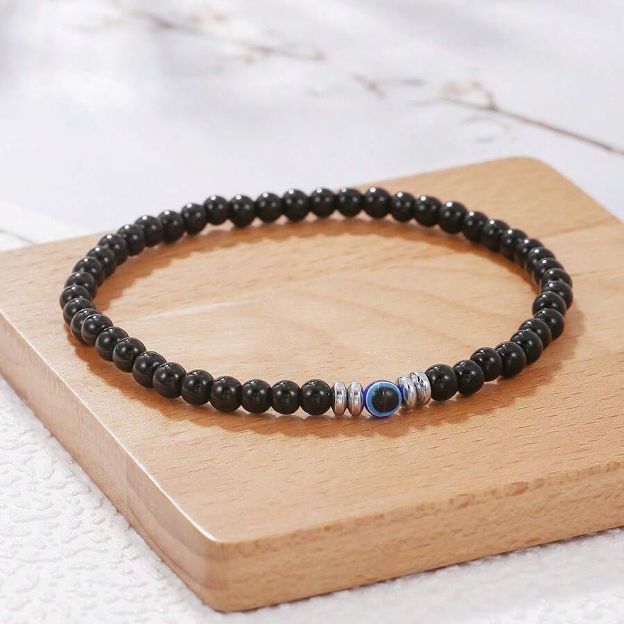 RINTOLER 1pc Vintage Style 4mm Energy Stone Beads Bracelet - Black - View 1