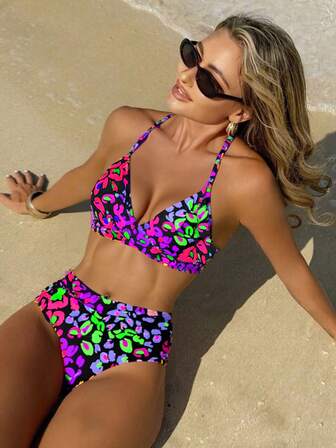 New European And American Cross-Border Printed Bikini, Women 2 Pieces Swimsuits High Waist Sexy Digital Print Swimwear Set