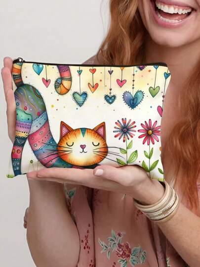 1 bolsa de cosméticos com estampa de gatos engraçados, bolsa de higiene pessoal com gatos engraçados, bolsa de viagem portátil para mulheres, bolsa de verão, bolsas para o Ramadã, bolsas de maquiagem, bolsas, mochilas escolares