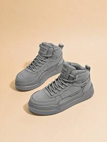 男士时尚字母图案灰色拼接高帮滑板鞋，个性化青年户外日常柔软舒适前系带设计休闲运动鞋 - 灰色 - 查看 3