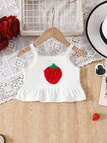 Conjunto informal de 2 piezas: Camiseta de tirantes con estampado de fresas y shorts vaqueros para niñas